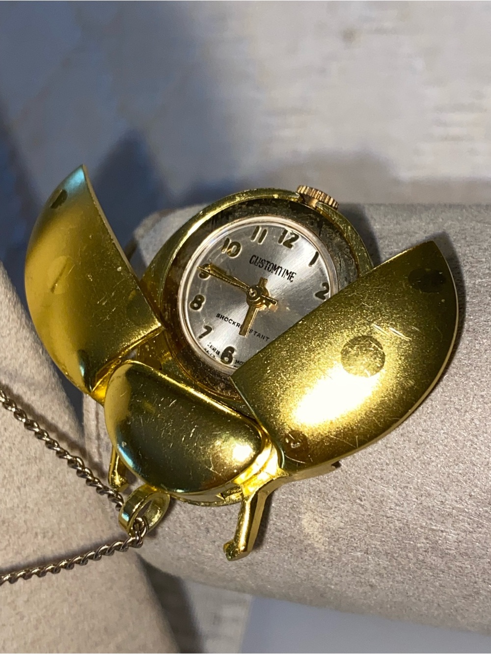 Gold Beetle Pendant Clock Necklace